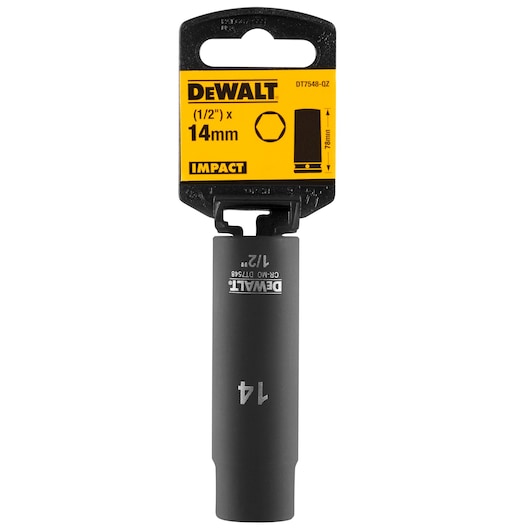 DEWALT DT7548 impact socket, 1/2 inch drive, 14mm size, black, with yellow branded packaging.