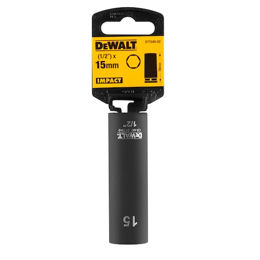 DEWALT DT7549 15mm impact socket with 1/2 inch drive, packaged on a black and yellow card.