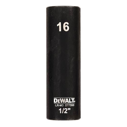 DEWALT DT7550 1/2 inch black impact socket with size 16 marking, cylindrical shape, tool accessory.