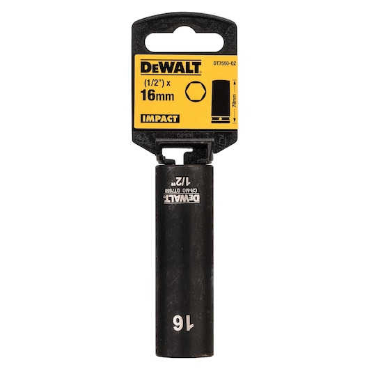 DEWALT DT7550 16mm impact socket with yellow label, suitable for 1/2 inch tools.
