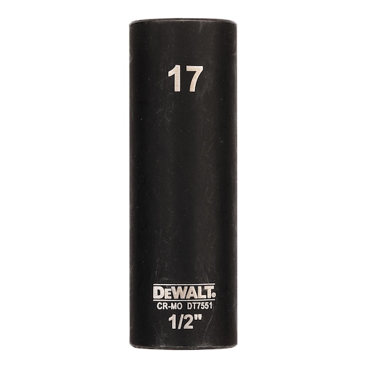 DEWALT DT7551 17mm deep impact socket, black, 1/2 inch drive size, cylindrical shape.