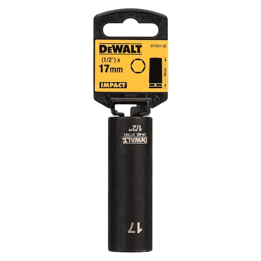 DEWALT 17mm impact socket DT7551, with yellow label showing size and details, suitable for 1/2 inch tools.