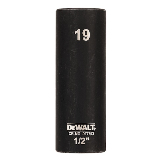 DEWALT DT7553 19mm 1/2 inch black impact socket shown upright on a white background.