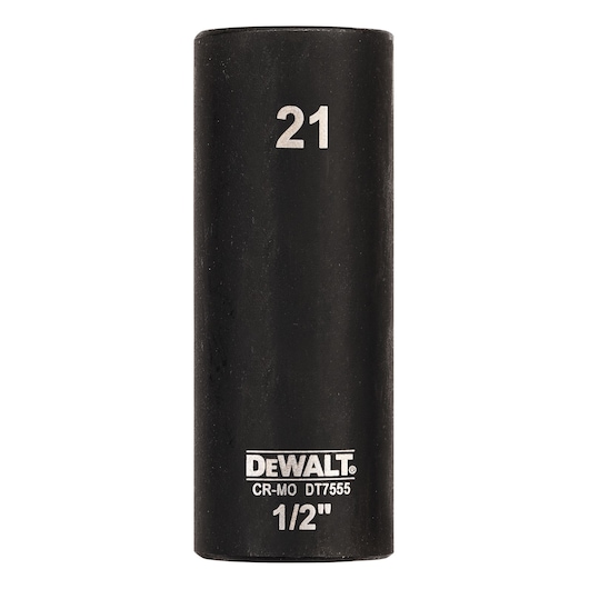 DEWALT DT7555 1/2 inch deep impact socket, size 21, black cylindrical tool for tightening or loosening bolts.