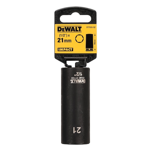 DEWALT 21mm impact socket DT7555 with black body and yellow label, suitable for 1/2 inch drive tools.