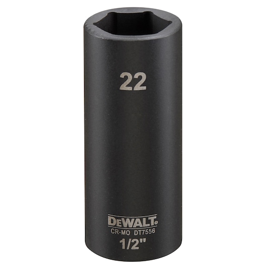 DEWALT DT7556 22mm deep impact socket, 1/2 inch drive, black steel finish, cylindrical tool.
