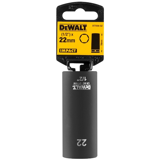 DEWALT DT7556 22mm impact socket with black and yellow packaging, suitable for 1/2 inch tools.