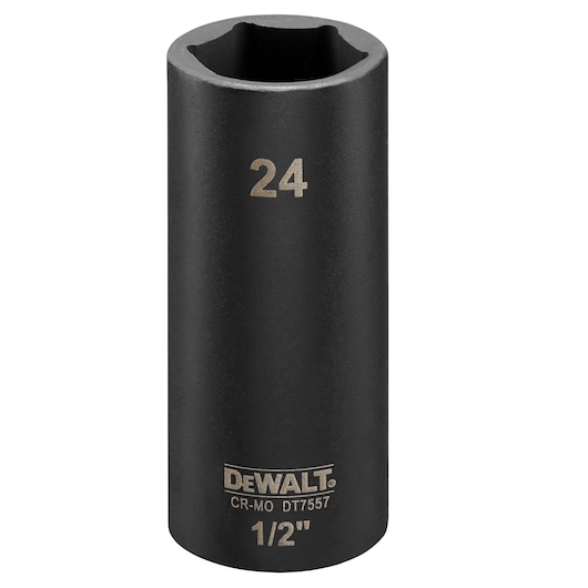 DEWALT DT7557 24mm deep impact socket, black, with 1/2 inch drive, cylindrical shape.