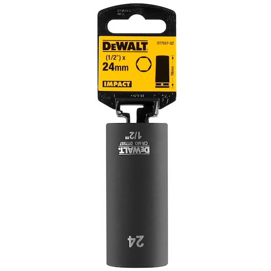 DEWALT 24mm impact socket DT7557 with 1/2 inch drive, shown in its retail packaging.