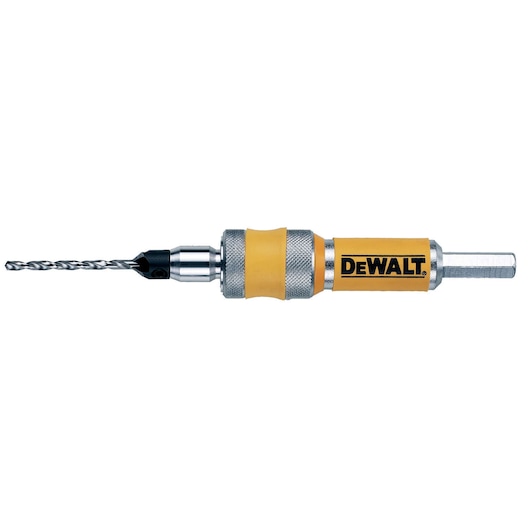 DEWALT drill bit holder with attached drill bit, yellow and metal design, suitable for screwdriver and drill use.