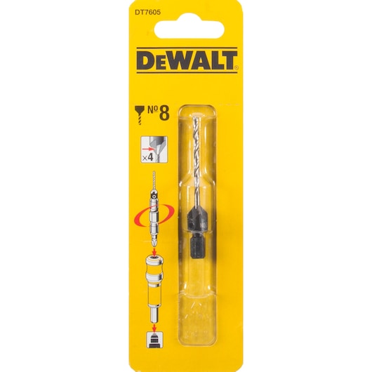 DEWALT DT7605 No. 8 drill bit, yellow package with product and usage diagram.