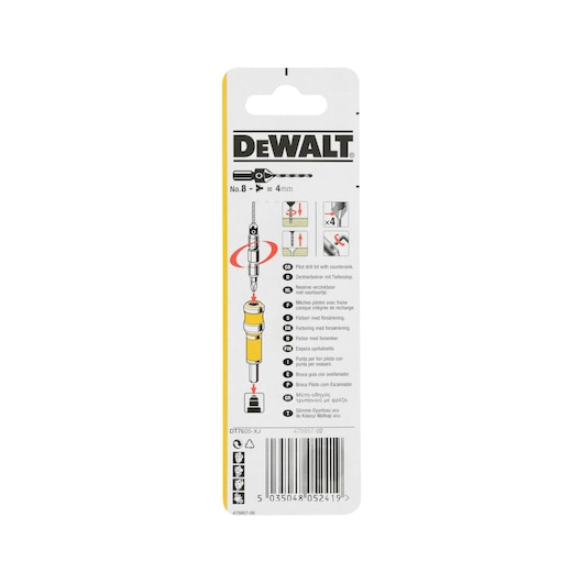 DEWALT DT7605 drill bit set for countersinking. Pack includes instructions and barcode, suitable for woodworking.