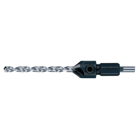 DEWALT DT7606 metal drill bit with hex shank and countersink attachment, isolated on white background.