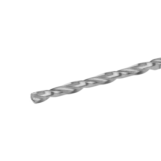 Close-up of a metallic DEWALT drill bit with spiral flutes, isolated on a white background.