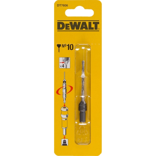 DEWALT DT7606 drill bit in yellow packaging, includes illustrations for use and product details.