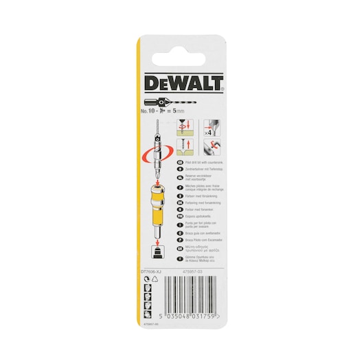 Back view of DEWALT DT7606 pilot drill bit packaging with multilingual instructions and barcode.