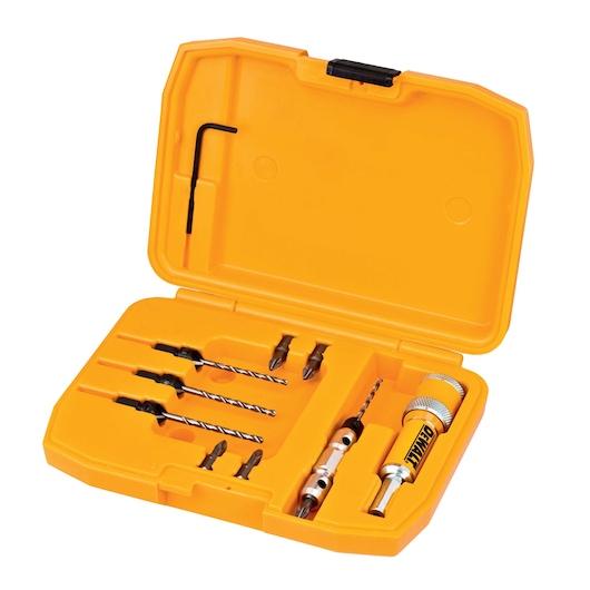 Yellow DEWALT drill and screwdriver bit set in a case, includes drill bits, screwdriver bits, and accessories.