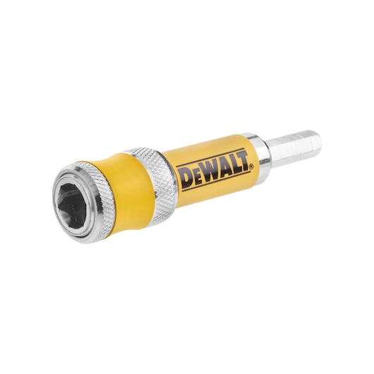 DEWALT DT7612 magnetic bit holder for drills, yellow and silver, shown on a white background.