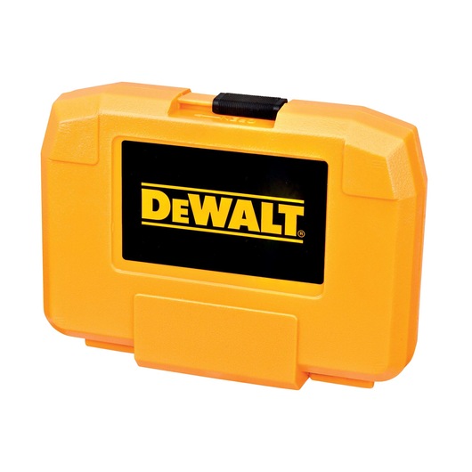 Yellow DEWALT carrying case with black logo panel, designed for tool and accessory storage.