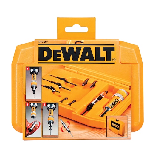 DEWALT DT7612 drill accessory kit in orange case with bits and usage illustrations on packaging.