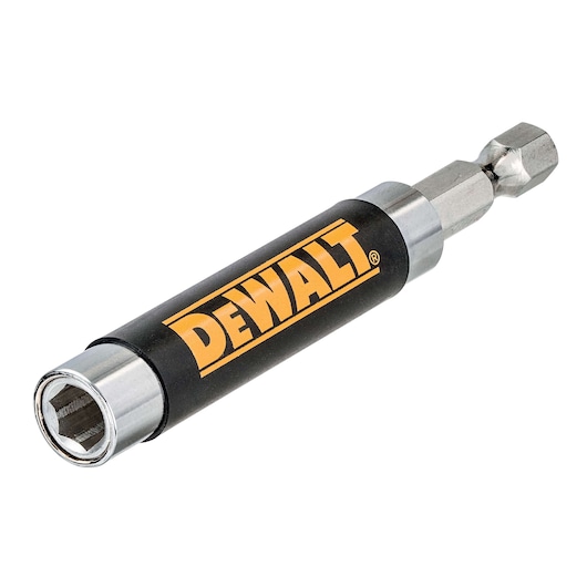 DEWALT DT7701 magnetic nut driver with hex shank, black and silver color, used for fastening nuts and bolts.