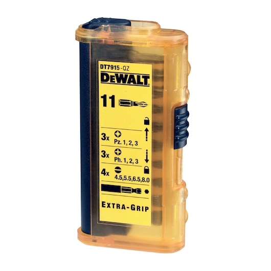 DEWALT DT7915 11-piece screwdriver bit set in a yellow plastic case with product details printed on the front.