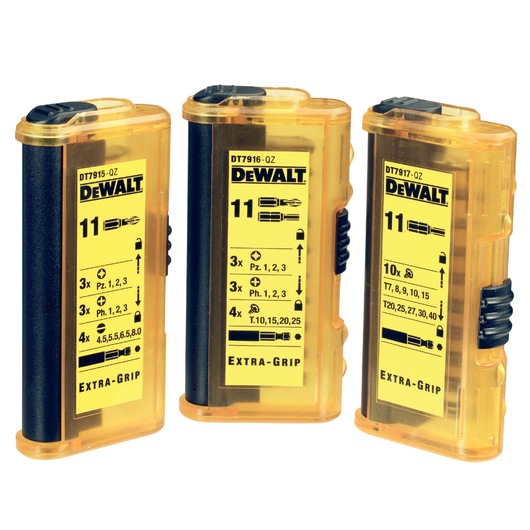 Three DEWALT bit sets with yellow cases and Extra-Grip labels, showing bit sizes and types on the front.