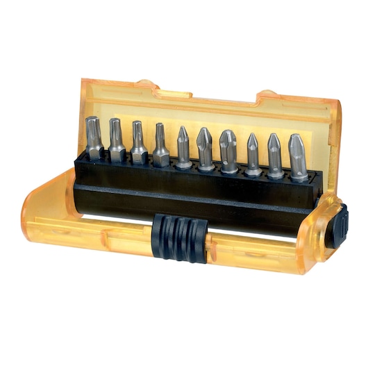 DEWALT DT7916 set of screwdriver bits in a transparent yellow plastic case.