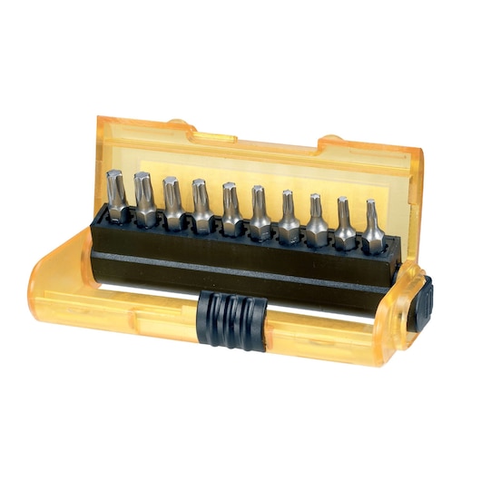 DEWALT DT7917 set of screwdriver bits in a transparent yellow plastic case, open to show ten bits.
