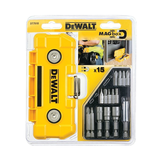 Packaged DEWALT Magbox DT7918 set with yellow magnetic bit holder and 15 assorted screwdriver bits, displayed in a clear plastic case with yellow branding and photos showing usage.