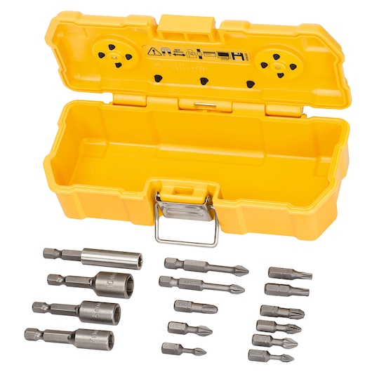 Yellow DEWALT box open, showing various screwdriver bits and sockets for different sizes arranged below.