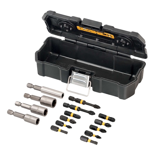 DEWALT DT7919T bit set with several screwdriver bits and nut drivers, shown with an open black storage case.
