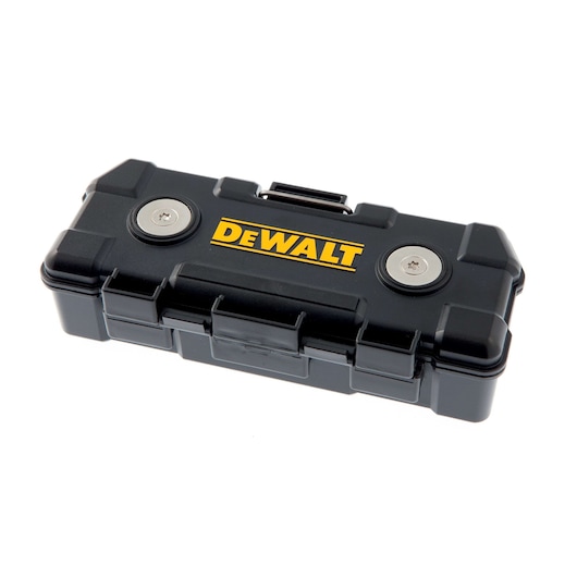 Black DEWALT storage case with logo, metal latches, and a sturdy design, suitable for holding tools or accessories.