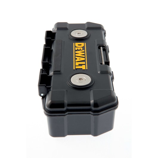 Black DEWALT storage box with logo and two metal latches, shown on a white background.