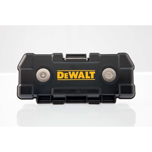 Closed black DEWALT case with yellow logo, metal clasps, and sturdy design, shown on a white background.