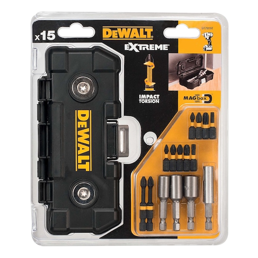 DEWALT DT7919T Extreme 15-piece screwdriver bit set with impact torsion and storage box in retail packaging.