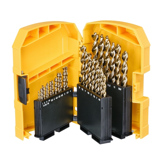 Yellow DEWALT drill bit set case open with multiple metal bits organized by size in black holders.