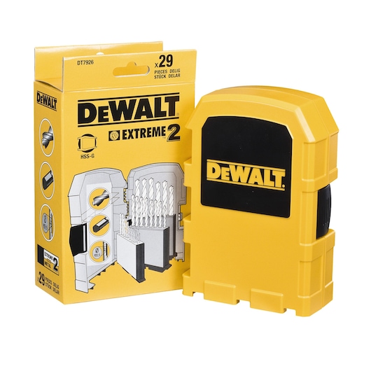 DEWALT DT7926 Extreme 2 29-piece drill bit set in yellow case and packaging.