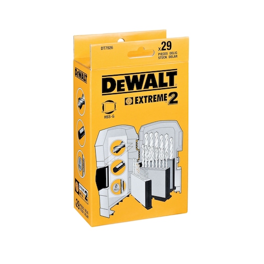 DEWALT DT7926 Extreme 2 drill bit set box, yellow, showing 29 pieces in a storage case on the package.