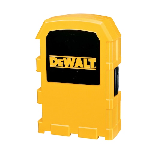 Yellow DEWALT hard case for drill bits, rectangular with rounded top and black logo panel.