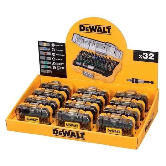 DEWALT DT7969M display box with multiple drill bit sets, each in a yellow and clear case, x32 shown.