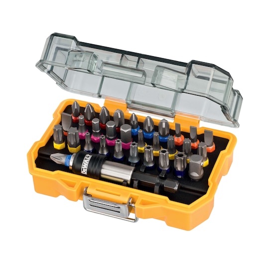DEWALT bit set in a yellow case with assorted screwdriver bits and a transparent lid.