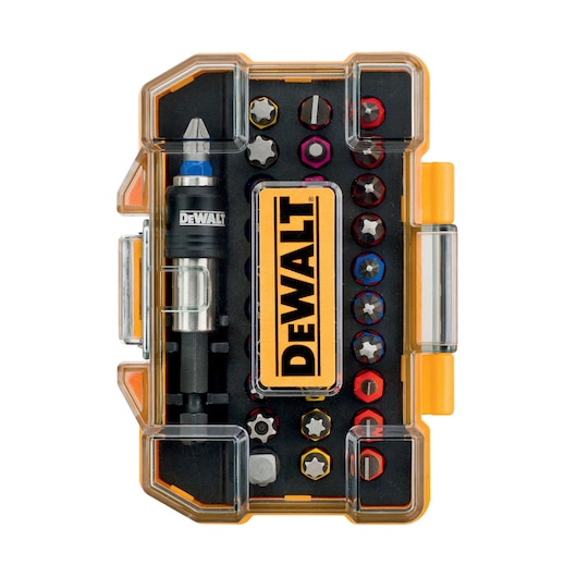DEWALT DT7969 bit set in a yellow plastic case, featuring multiple screwdriver bits and accessories.