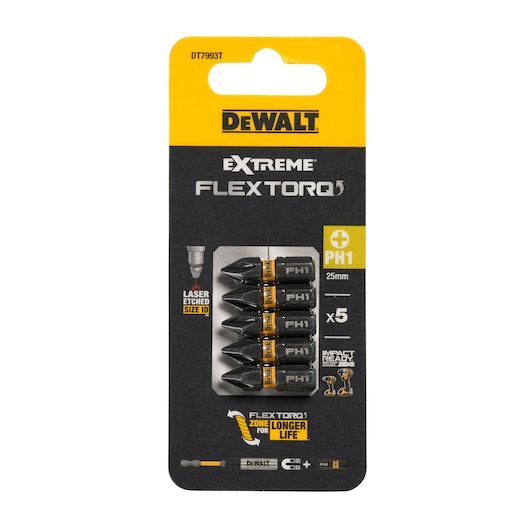 DEWALT DT7993T pack of five PH1 25mm screwdriver bits for impact drivers, in black and yellow packaging.