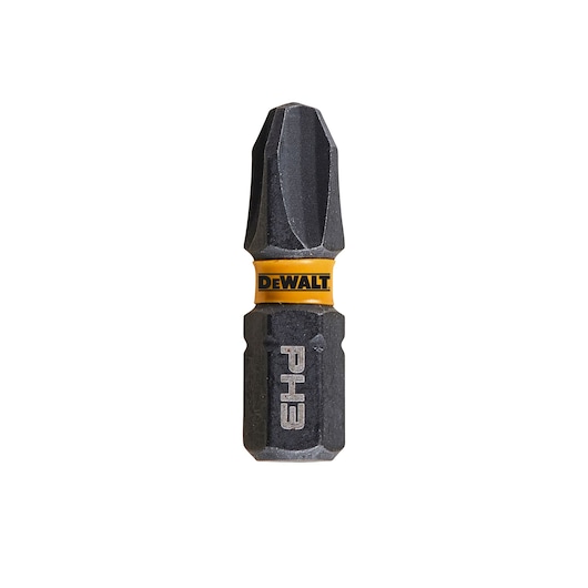 DEWALT PH3 screwdriver bit with yellow ring, close-up on white background.