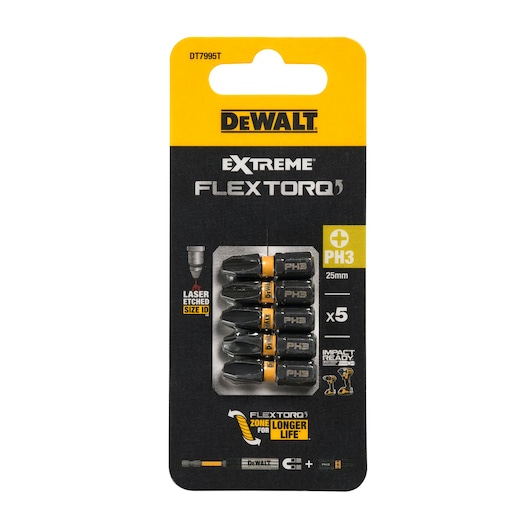 DEWALT DT7995T pack of 5 Extreme FlexTorq PH3 25mm screwdriver bits for impact drivers.