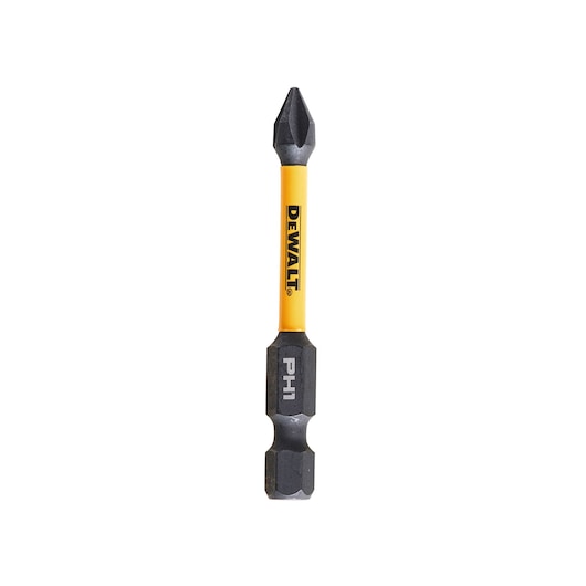 DEWALT PH1 screwdriver bit with yellow shaft and black tip, suitable for power tools.