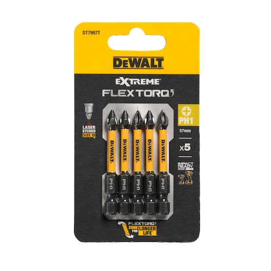 DEWALT DT7997T pack of 5 PH1 57mm screwdriver bits in black and yellow packaging.