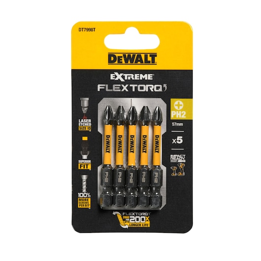 DEWALT DT7998T Extreme FlexTorq PH2 screwdriver bits, 57mm, pack of 5, suitable for impact drivers.