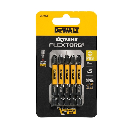 DEWALT DT7999T Extreme FlexTorq PH3 screwdriver bits set, 5 pieces, 57mm, in retail packaging.